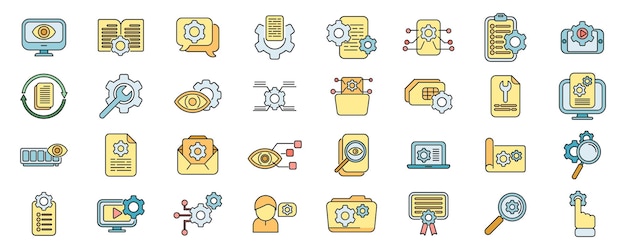 Iconos de visión general técnica establecidos en línea de color vectorial