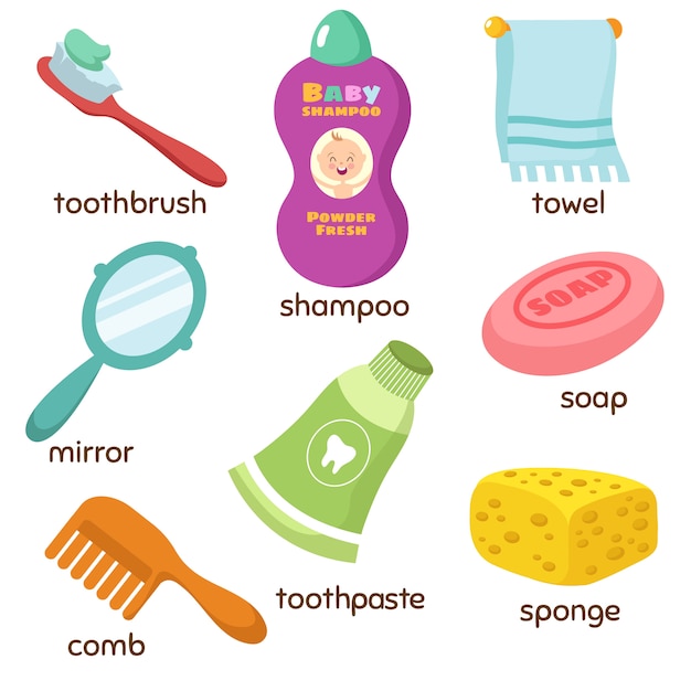 Iconos de vocabulario de accesorios de baño de dibujos animados. espejo,  toalla, esponja, cepillo de dientes y jabón. pasta de dientes y esponja,  jabón de higiene y peine. | Vector Premium