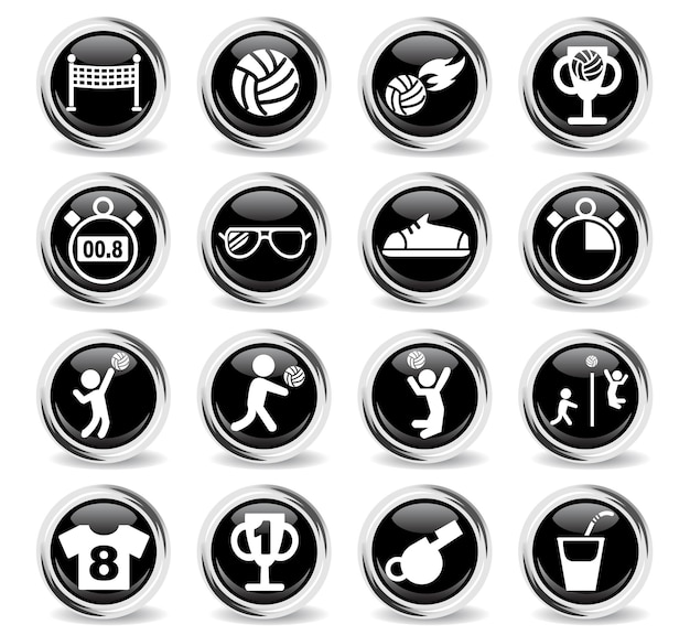Iconos de voleibol en botones negros redondos con anillo de metal