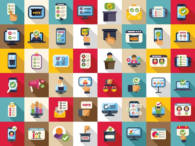 Iconos de votación electrónica con vector plano Voto por teléfono digital