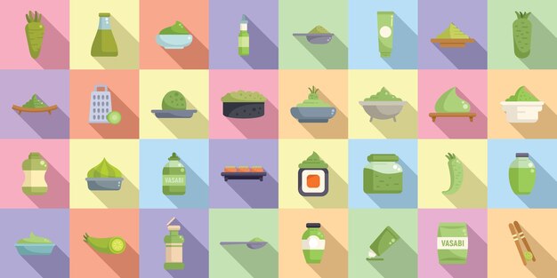 Los iconos de Wasabi establecen un tazón de Asia vectorial plano