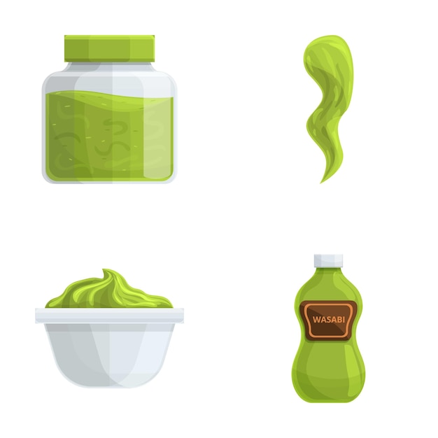 Los iconos de wasabi establecen el vector de dibujos animados wasabi en botella y cuenco