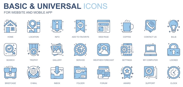 Iconos web básicos y universales configurados en diseño de línea duotónica Paquete de información de ubicación de la casa agregar a la página web favorita café contacto galería de búsqueda otros pictogramas de trazos de contorno Ilustración vectorial