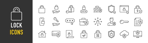 Iconos web de bloqueo en estilo de línea Caja fuerte de seguridad documento desbloqueo colección de problemas de protección Ilustración vectorial