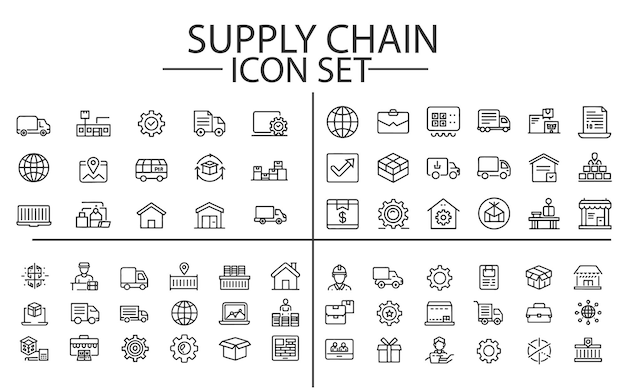 Iconos web de la cadena de suministro cadena de valor entrega logística fabricación comercio línea de línea iconos web en fondo blanco