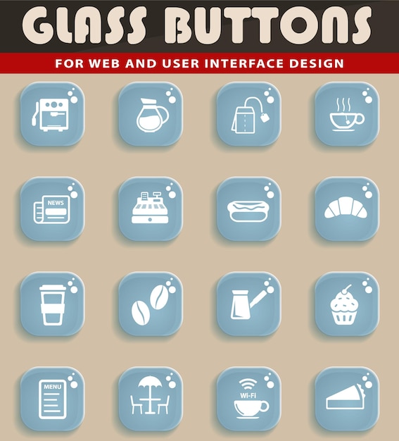 Iconos web de café en botones de vidrio transparente