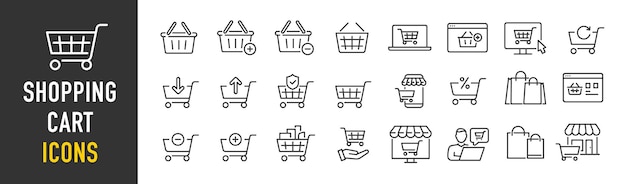 Iconos web del carrito de compras en estilo de línea Cesta de la tienda tienda móvil tienda en línea bolsa añadir colección Ilustración vectorial