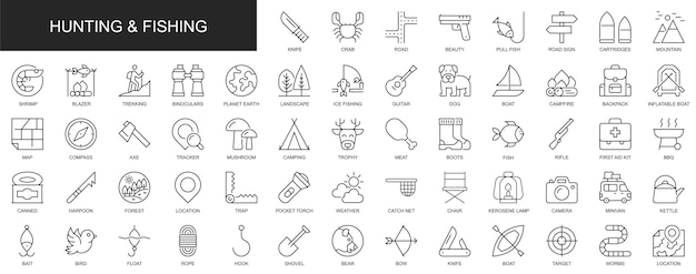 Iconos de la web de caza y pesca configurados en diseño de línea delgada Paquete de cuchillo senderismo de montaña binoculares de campamento tirar de pescado hongo mapa del bosque otros pictogramas de trazo de contorno Ilustración vectorial