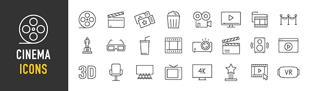 Iconos web de cine en estilo de línea Película de palomitas de maíz video cine 3d vr colección Ilustración vectorial