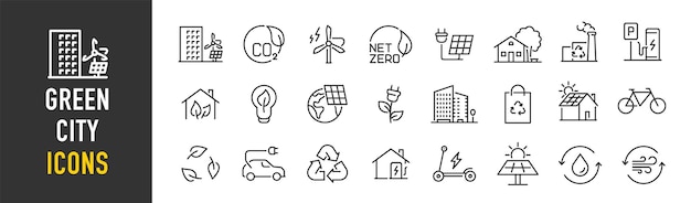 Iconos web de ciudades verdes en estilo de línea Energía verde edificio autónomo medio ambiente eficiente tecnología de reciclaje recolección solar renovable Ilustración vectorial