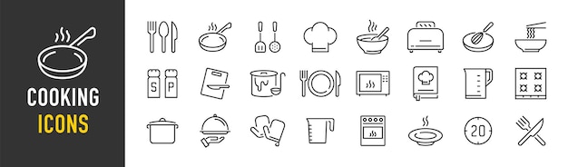 Iconos web de cocina en estilo de línea sartén horquilla cuchillo libro de recetas colección de microondas ilustración vectorial