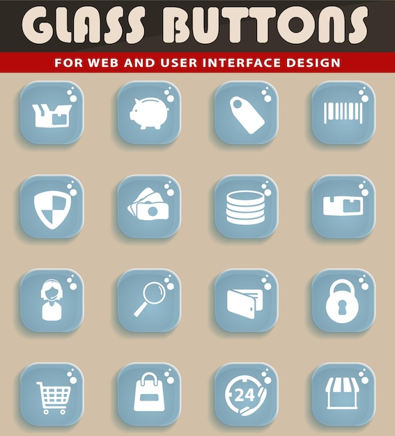 Iconos web de comercio electrónico en botones de vidrio transparente