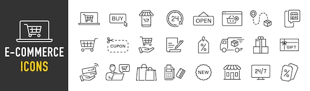 Iconos web de comercio electrónico en estilo de línea Entrega de compras en línea Seguimiento de servicio al cliente Precio de venta Colección Ilustración vectorial