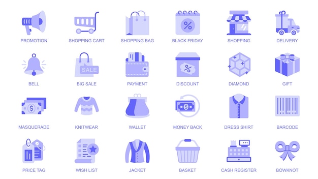 Iconos web de compras configurados en diseño plano duotono Empaque pictogramas con bolsa de carrito de promoción entrega de viernes negro gran venta pago descuento diamante regalo dinero billetera precio Ilustración vectorial