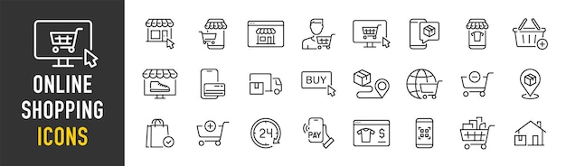 Iconos web de compras en línea en estilo de comercio electrónico tienda web tarjeta de crédito tienda móvil colección de marketing digital ilustración vectorial