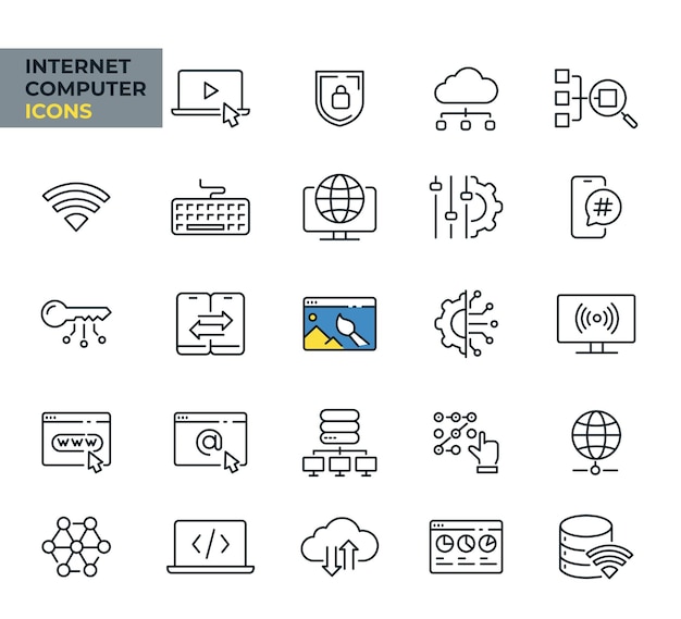 Íconos web de computadoras de Internet en estilo de línea Red de servicios digitales de tecnología Ilustración vectorial