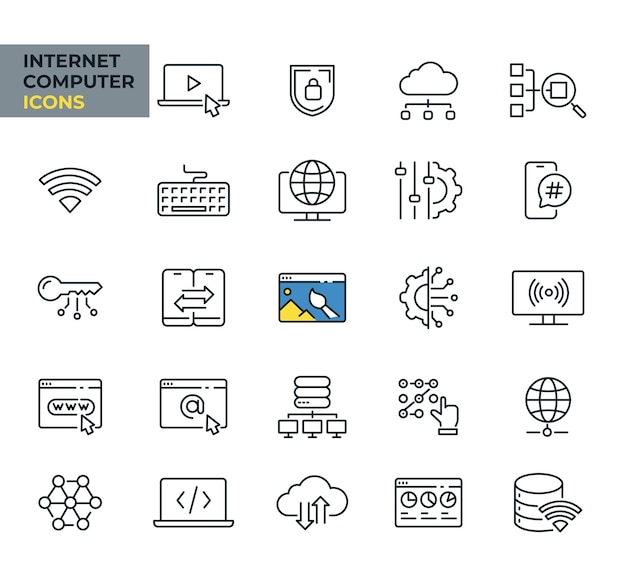 Vector Íconos web de computadoras de internet en estilo de línea red de servicios digitales de tecnología ilustración vectorial