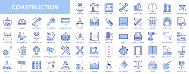 Iconos de la web de construcción configurados en diseño de trazo de contorno duotono Empaque de pictogramas con constructor torre grúa plan de herramienta camión de descarga rascacielos carretilla ingeniero llave de casa Ilustración vectorial