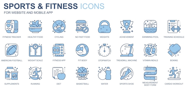 Iconos web de deporte y fitness configurados en diseño de línea duotónica Paquete de rastreador comida saludable ciclismo sin comida rápida horario de entrenamiento de piscina otros pictogramas de trazo de contorno Ilustración vectorial
