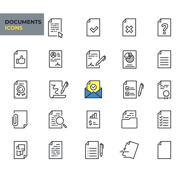 Iconos web de documentos en estilo de línea Colección de facturas de archivo de certificados Ilustración vectorial