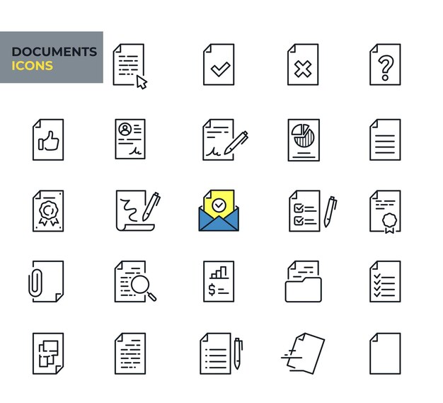 Iconos web de documentos en estilo de línea colección de facturas de archivo de certificados ilustración vectorial