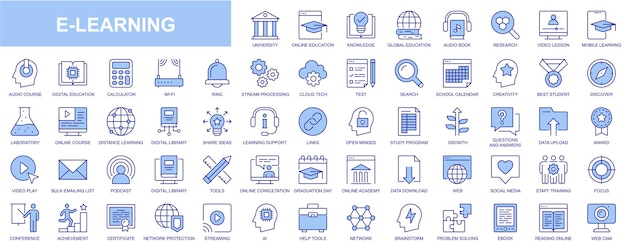 Iconos web de elearning establecidos en diseño de línea delgada Paquete de educación universitaria en línea conocimiento global audiolibro video lección curso procesamiento en la nube prueba otros pictogramas de trazo de contorno vectorial