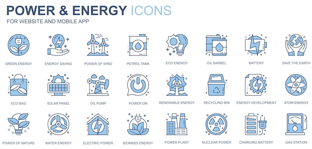 Iconos web de energía y energía configurados en diseño de línea duotónica Empaque de gasolina verde tanque de aceite ecológico barril batería panel solar contenedor de reciclaje renovable otros pictogramas de trazo de contorno Ilustración vectorial