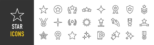 Iconos web de estrellas en estilo de línea Clasificación medalla de fuegos artificiales colección de premios Ilustración vectorial