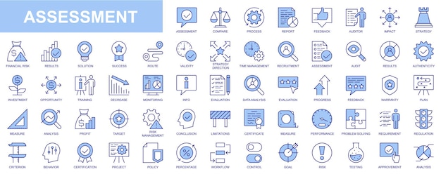 Iconos web de evaluación establecidos en diseño de línea delgada Paquete de informe de proceso retroalimentación auditor solución estrategia gestión del tiempo disminución resultado análisis de datos otros pictogramas de trazo de contorno vectorial