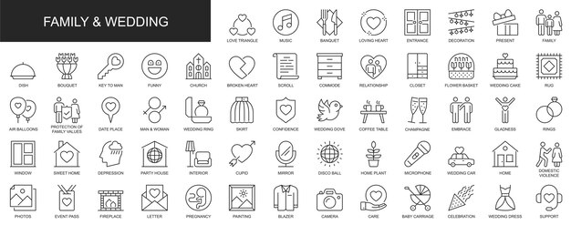 Iconos web de familia y boda configurados en diseño de línea delgada Paquete de relación triángulo amoroso banquete iglesia ramo de flores cuidado de fotos de apoyo otros pictogramas de trazo de contorno Ilustración vectorial