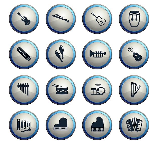 Iconos web de instrumentos musicales en botones redondos para el diseño de la interfaz de usuario