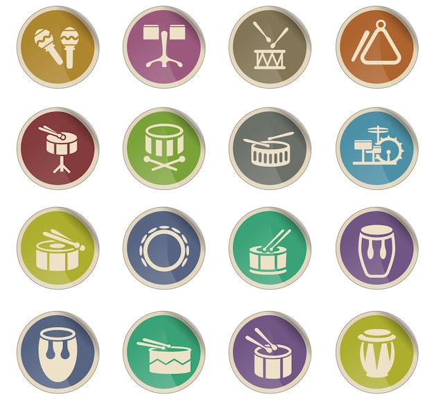 Iconos web de instrumentos de ritmo en forma de etiquetas de papel redondas