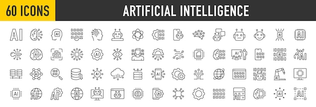 Iconos web de inteligencia artificial en estilo de línea Innovación tecnología máquina robot bot colección de cerebro Ilustración vectorial