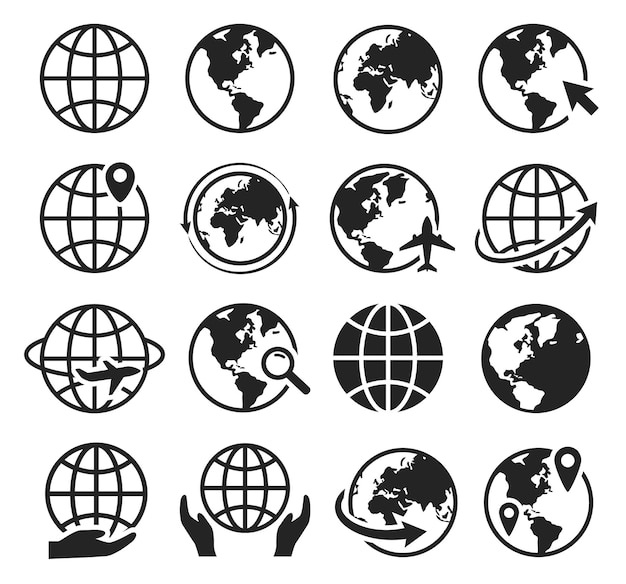 Vector iconos web de internet con flecha de cursor de globo mapa mundial de viajes en avión conjunto internacional