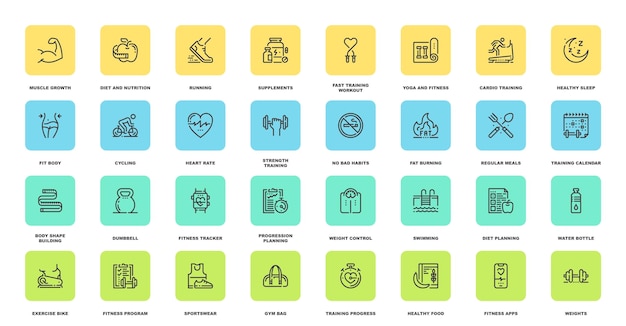Iconos web de línea plana de fitness y entrenamiento