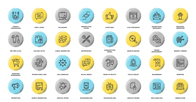 Iconos web de línea plana de marketing y publicidad