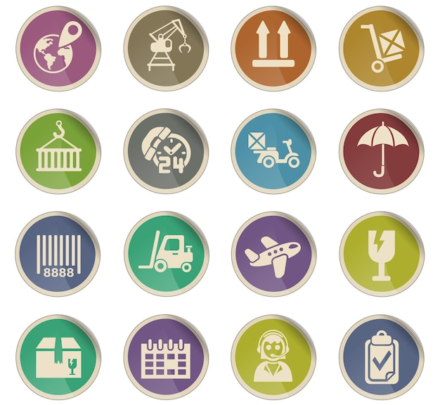 Iconos web logística en forma de etiquetas de papel redondas