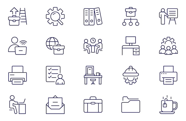 Iconos web del lugar de trabajo en estilo de línea Documento de proyecto de conferencia de empleados soporte de trabajo de negocios contáctanos colección de estrategia de productividad Ilustración vectorial
