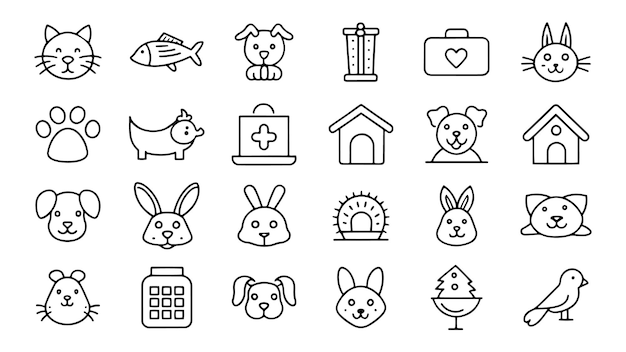 Iconos web de mascotas en estilo de línea Perro gato conejo hámster pájaro hueso mascotas veterinario ayuda relacionado conjunto de iconos ilustración vectorial plana
