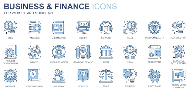 Iconos web de negocios y finanzas configurados en diseño de línea duotono Paquete de análisis de ideas mcommerce dinero soporte valor solución de calidad premium otros pictogramas de trazos de contorno Ilustración vectorial