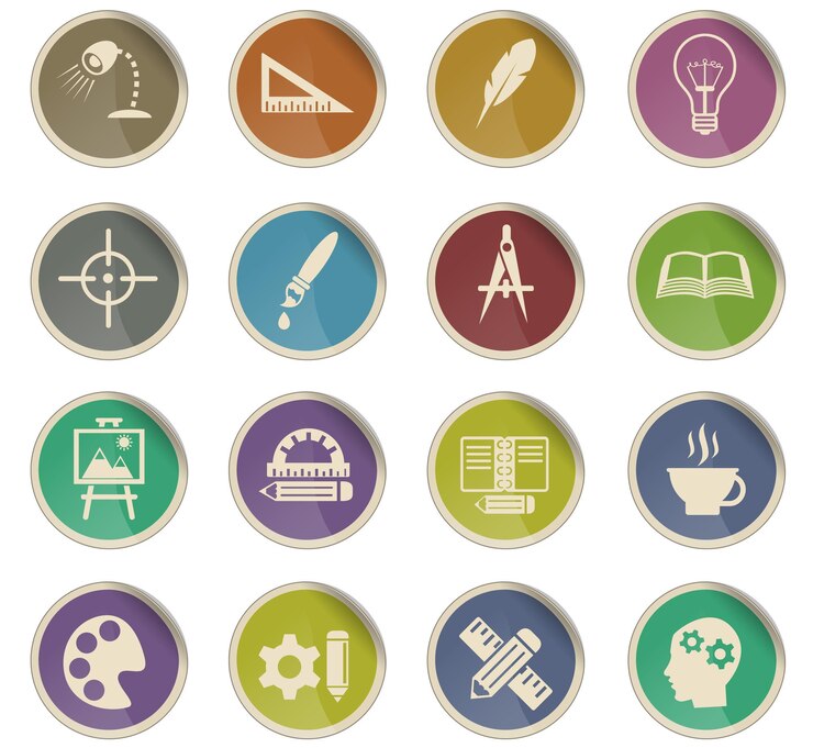 Vector iconos web de proceso creativo en forma de etiquetas de papel redondas