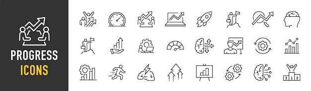 Iconos web de progreso en estilo de línea Tormenta de ideas creatividad habilidad estrategia de gestión de inicio colección Ilustración vectorial