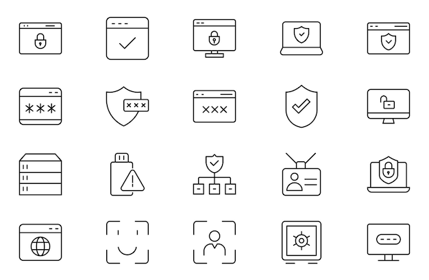 Iconos web de seguridad en estilo de línea Contraseña de seguridad cibernética de guardia clave de protección de datos de seguridad de hogar inteligente