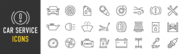 Iconos web de servicio de automóviles en estilo de línea Colección de herramientas de filtros de aceite de reparación de automóviles Ilustración vectorial