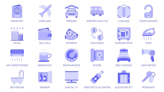 Iconos web de servicios hoteleros configurados en diseño plano duotónico Empaque de pictogramas con pasaporte Aparcamiento de avión Transbordador Pago de equipaje Intercambio de restaurante Aire acondicionado otro Ilustración vectorial