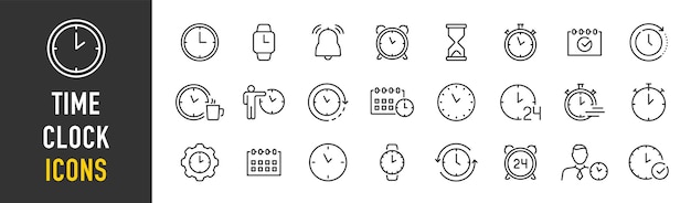 Iconos web de tiempo y reloj en estilo de línea Colección de cuenta atrás de cronómetro de tiempo de calendario Ilustración vectorial