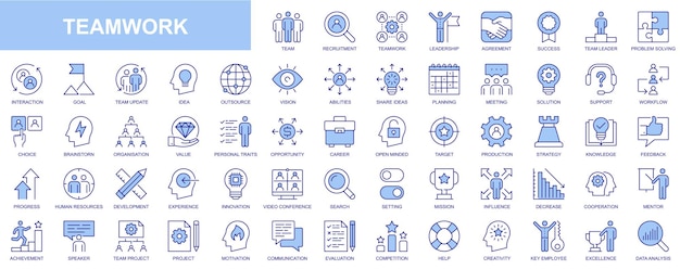 Iconos web de trabajo en equipo establecidos en diseño de línea delgada Paquete de reclutamiento de equipo acuerdo de liderazgo líder de éxito resolución de problemas interacción objetivo idea visión otros pictogramas de trazo de contorno vectorial