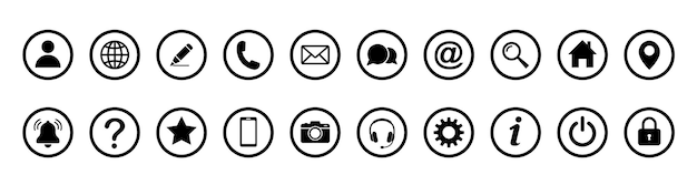 Iconos de la web: ubicación de la casa, llamada a la dirección de correo electrónico, globo, mensaje de chat, correo, información telefónica, soporte de búsqueda, icono del sitio web, icono de contacto y icono de la web.