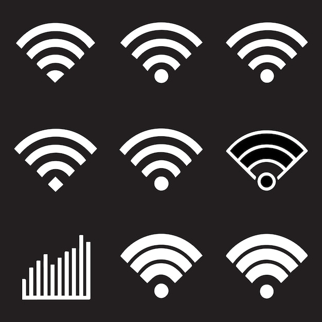 Iconos de Wi-Fi configurados Símbolo de Internet inalámbrico Diferentes íconos de WiFi negros Íconos de señal Wi-Fi inalámbricos negros