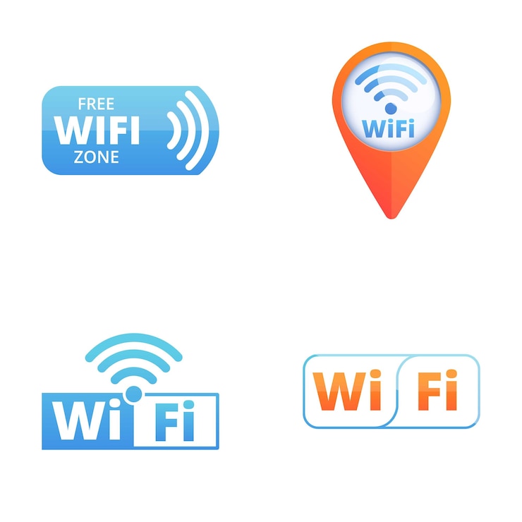 Vector iconos wi-fi gratuitos establecidos vector de dibujos animados punto de acceso wi-fi inalámbrico y gratuito